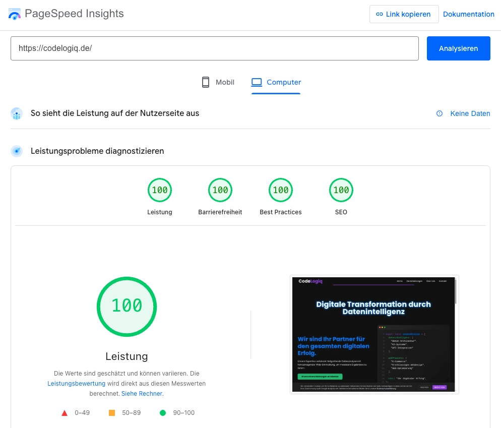 Google PageSpeed Insights Score for CodeLogiq.de